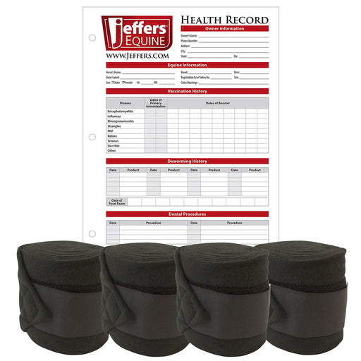 Jefers Horse Fleece Polo Wraps - Reusable Set of 4 and 1 Pack of Equine Health Record Color Black