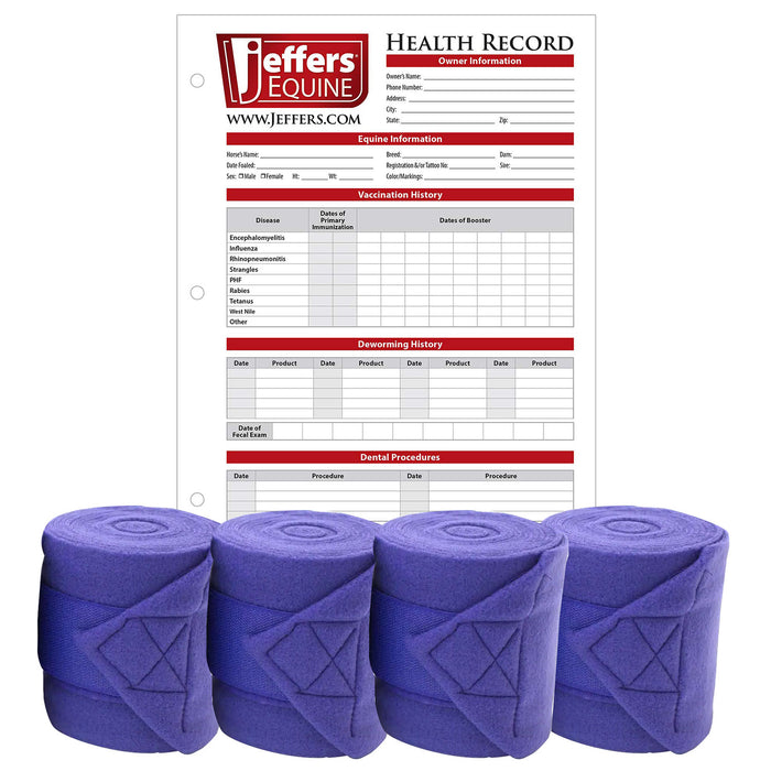 Jefers Horse Fleece Polo Wraps - Reusable Set of 4 and 1 Pack of Equine Health Record Color Purple
