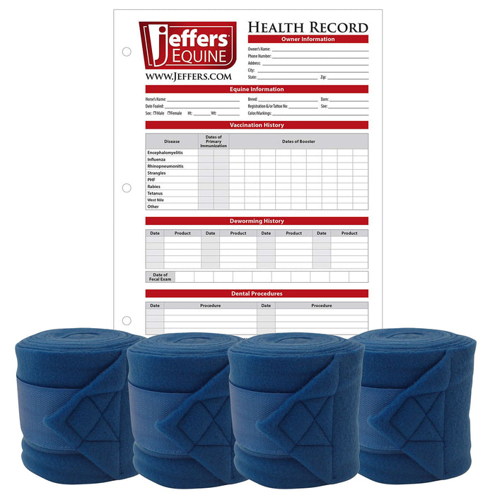 Jefers Horse Fleece Polo Wraps - Reusable Set of 4 and 1 Pack of Equine Health Record Color Royal Blue - 4 pcs