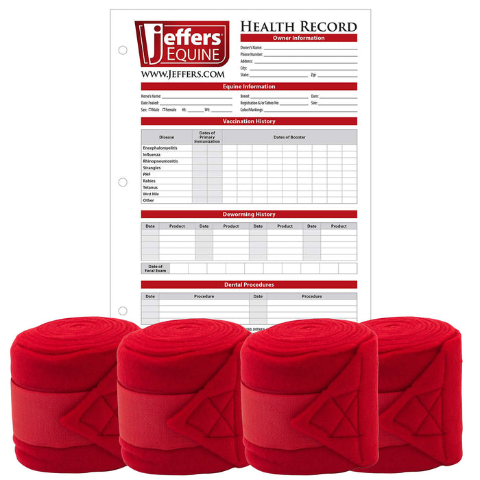 Jefers Horse Fleece Polo Wraps - Reusable Set of 4 and 1 Pack of Equine Health Record Color Red