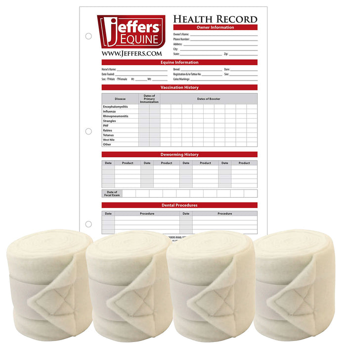 Jefers Horse Fleece Polo Wraps - Reusable Set of 4 and 1 Pack of Equine Health Record Color White
