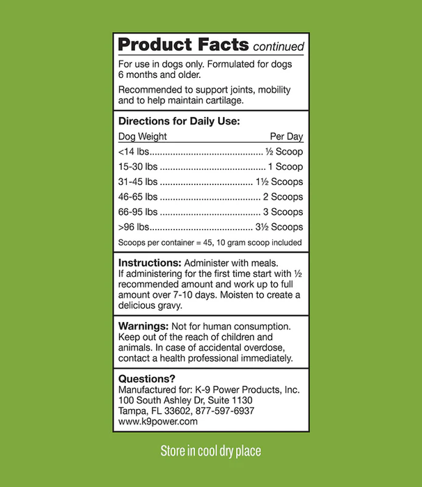 Fórmula de apoyo articular fuerte K9 Power Joint para perros