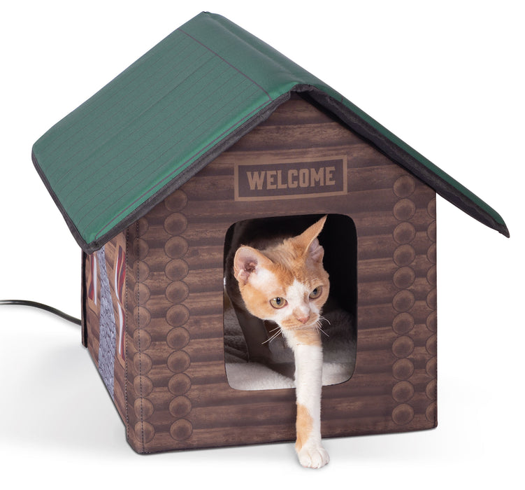 Outdoor Heated Kitty House - Brown Log Cabin  