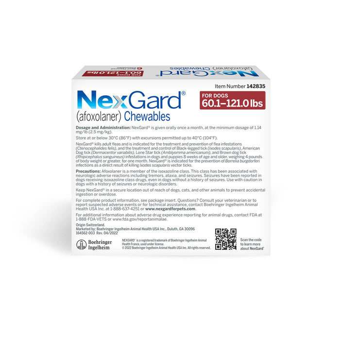 NexGard Flea and Tick Chewables for Dogs - Rx NexGard, Dog 60.1-121 lb, 6 Chew Tabs  