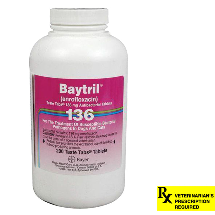 Rx Baytril for Dogs and Cats (Tablets) - Rx Baytril, 136 mg x 200 Taste Tablets  