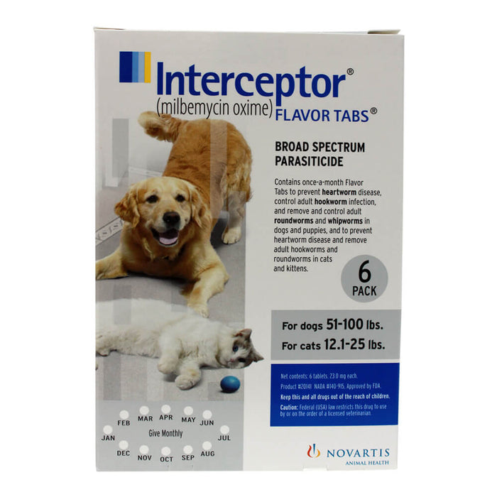 Interceptor Tablets for Dogs & Cats - Rx Interceptor, Dog 51-100 lb/Cat 12.1-25 lb, 6 Tablets  