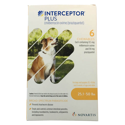 Interceptor Plus Chewable Tablets for Dogs - Rx Interceptor Plus, 25.1-50 lb (Yellow), 6 Chew Tabs  