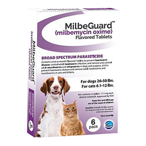 Rx Milbeguard,  6 Flavor Tablets - Rx Milbeguard, Dog 26-50 lb/Cat 6.1-12lb (Purple), 6 Flav Tabs  