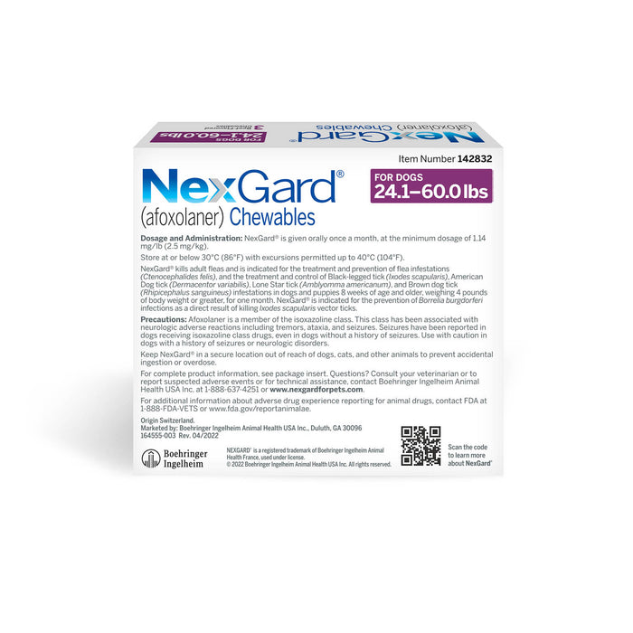 NexGard Flea and Tick Chewables for Dogs - Rx NexGard, Dog 24.1-60 lb, 3 Chew Tabs  