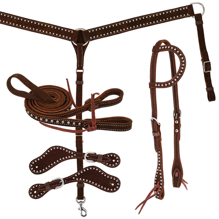 Diamond R Roughout & Spots One Ear Headstall Tack Set, Full - Chocolate Brown Full 