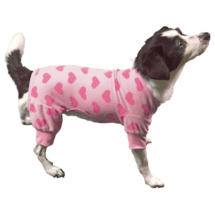 Pink Heart Fleece Dog Pajamas, XSmall - X-Small Pink Fleece Heart Dog Pajamas  