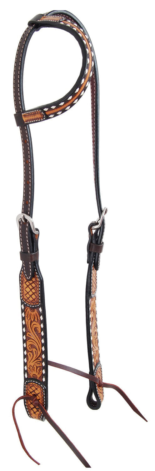 Rafter T Tooled Sunflower w/ Buckstitch One Ear Headstall -   