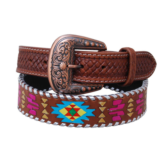 Rafter T Women's Painted Aztec & Silver Stitch Leather Belt - Large  