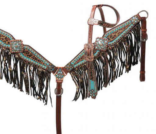 Showman Leopard Tack Set, Full Size - Brown/Turquoise  