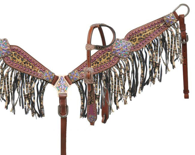 Showman Leopard Tack Set, Full Size - Brown/Purple  