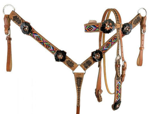 Showman Beaded Aztec & 3D Leather Flower Tack Set -   