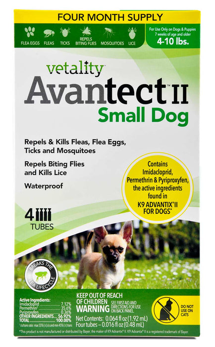 Vetality Avantect II Flea & Tick Topical for Dogs, 4-pack - Dog 4-10 lb  