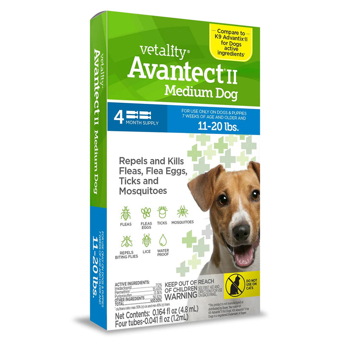 Vetality Avantect II, producto tópico contra pulgas y garrapatas para perros, paquete de 4