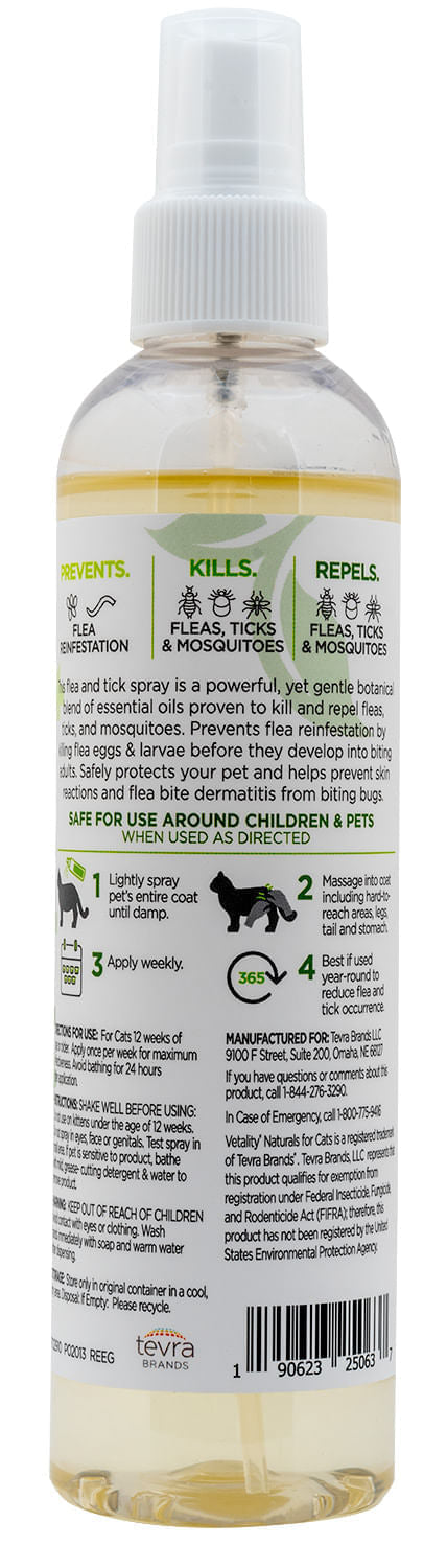 Vetality Naturals Cat Flea & Tick Spray, 8 oz -   