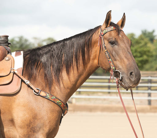 Turquoise Cross Cactus Tooled Browband Headstall - Brown Horse 