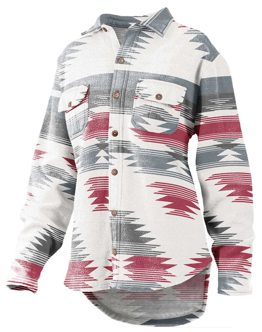 Turnrows Women's Aztec Reversed Fleece Shacket - 2X, White/Red  