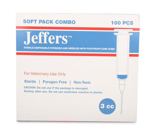 Luer Slip Syringe/Needle Combo, Boxes - 3 mL w/ 20 ga x 1" (100 count) -  Jeffers L.S. Syringe/Needle Combo  