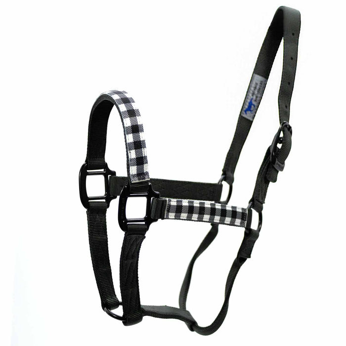Adjustable 1" Nylon Plaid Horse Halter, Average Size, White/Black Plaid - MBTD - White / Black with Plaid - 1"W (Adjusts 8 - 11) - 1 - 1