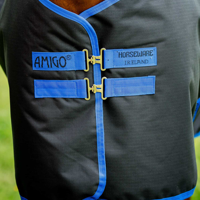 Amigo Ripstop 900D Plus Horse Turnout Blanket - 200g Medium Weight, Waterproof with Detachable Hood - FOXAQ - Black / Blue Trim - 66" - 3