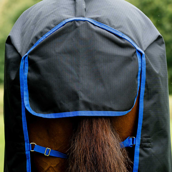 Amigo Ripstop 900D Plus Horse Turnout Blanket - 200g Medium Weight, Waterproof with Detachable Hood - FOXAQ - Black / Blue Trim - 66" - 5