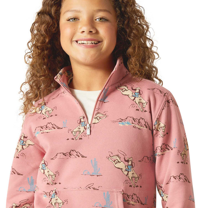 Ariat Girls Bronc Scene 1/4 Zip Sweatshirt - AI8PR - Pink - XSmall - Each - 4