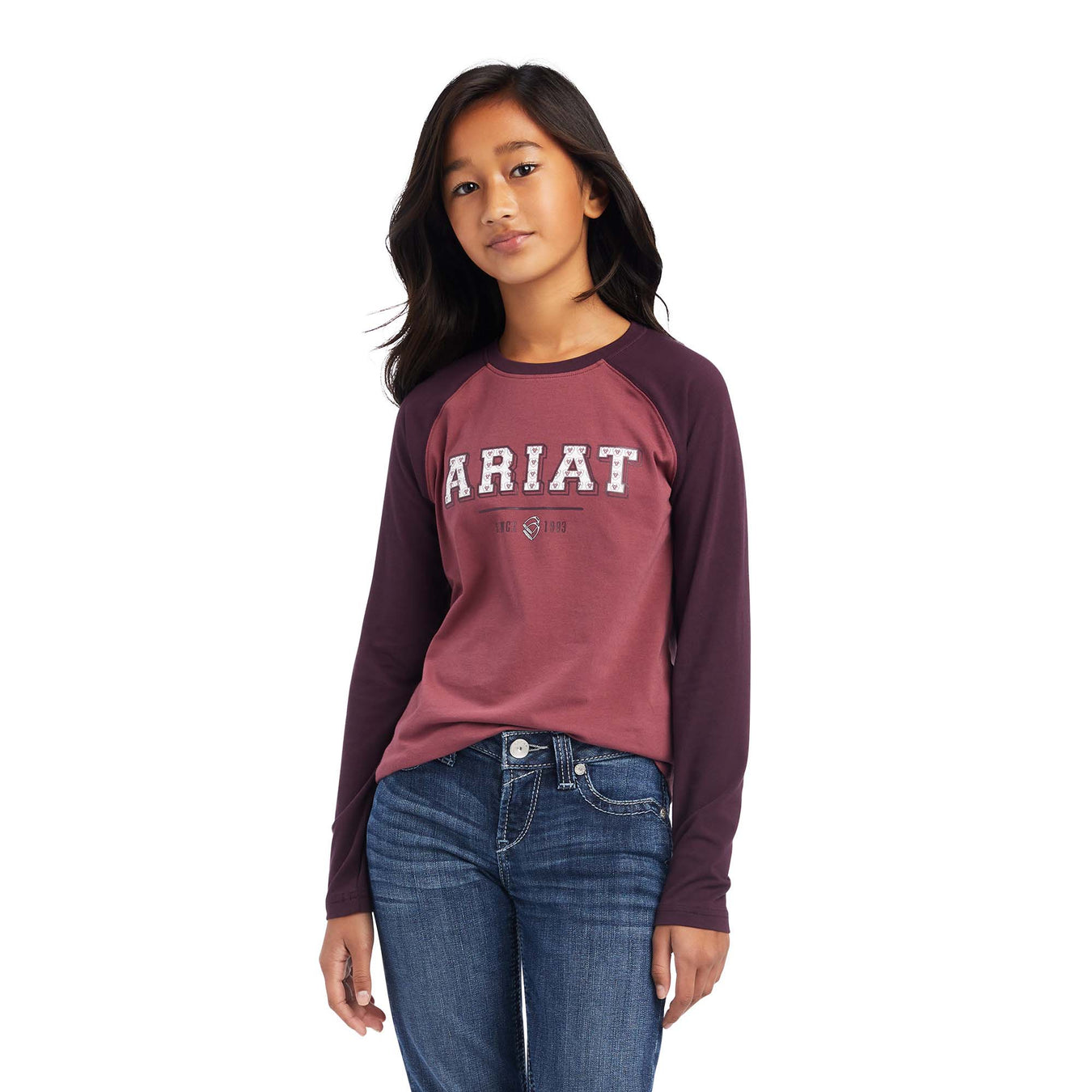 Ariat Girls Varsity Longsleeve T-Shirt, Mulberry/Rose - AI1MP - XSmall - 1