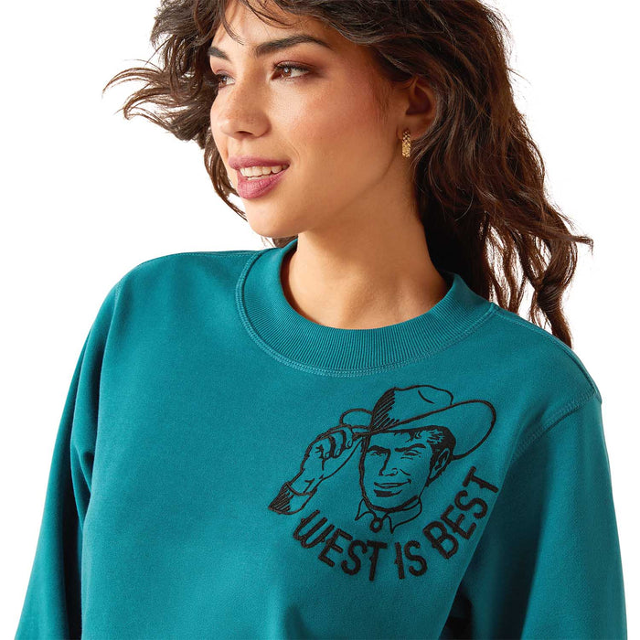 Ariat Womens Essential Sendero "West is Best" Graphic Sweatshirt – Cozy Western Fleece Crewneck - AIBC2 - Teal - Small - Each - 3