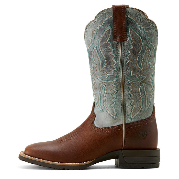 Ariat Womens Hybrid Ranchwork Wide Square Toe Leather Western Work Boot - AIBJV - Peanut/Worn Denim with Brown - 6 - 4