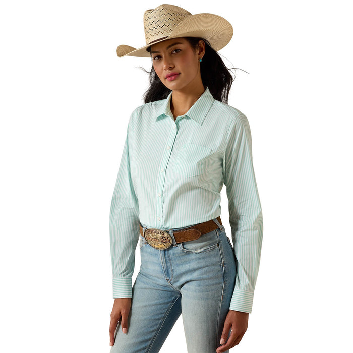 Ariat Women's Kirby Long Sleeve Collared Button - Down Shirt – Rider - Tested Stretch Poplin Equestrian Top - AIBNY - Mint Stripe - XSmall - 4