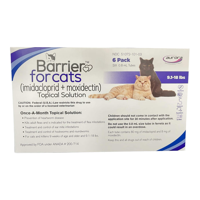 Barrier (imidacloprid + moxidectin) Once - a - month Topical Solution for Cats - 012AUR-739590 - 9.1 - 18 lbs - 6 ct (6 Month Supply) - 3