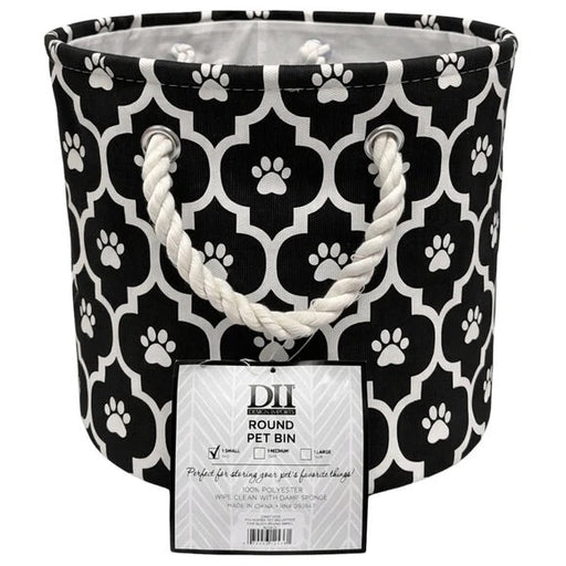 Bone Dry Small Round Pet Storage Bin – Black with Lattice Paw Print Design, 12" x 9" - KL246 - Black/White - 9 in x 12 in - 1