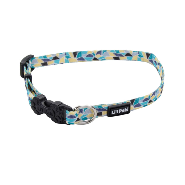 Li'l Pals Adjustable Patterned Dog Collar - Teal Yellow Grey Stained Glass Petite Small - 3/8" x 8"-12" 