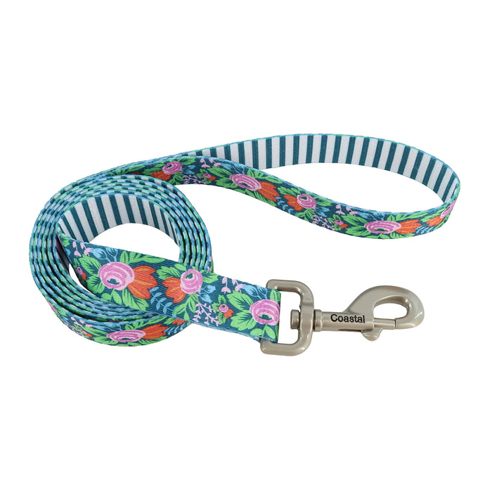 Sublime Dog Leash - Flower Teal Stripe Medium/Large - 1" x 6' 