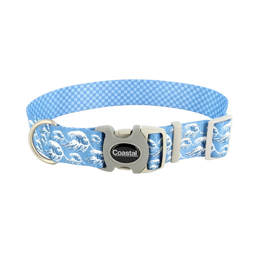 Sublime Adjustable Dog Collar - Blue Waves with Blue Checkers Small - 3/4" x 8"-12" 