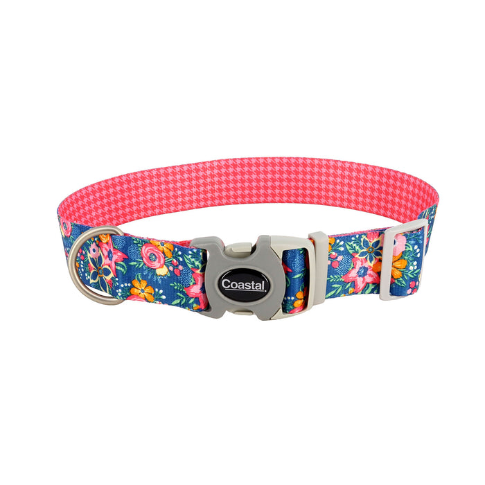 Sublime Adjustable Dog Collar - Pink and Orange Flowers on Navy Medium - 1" x 12"-18" 