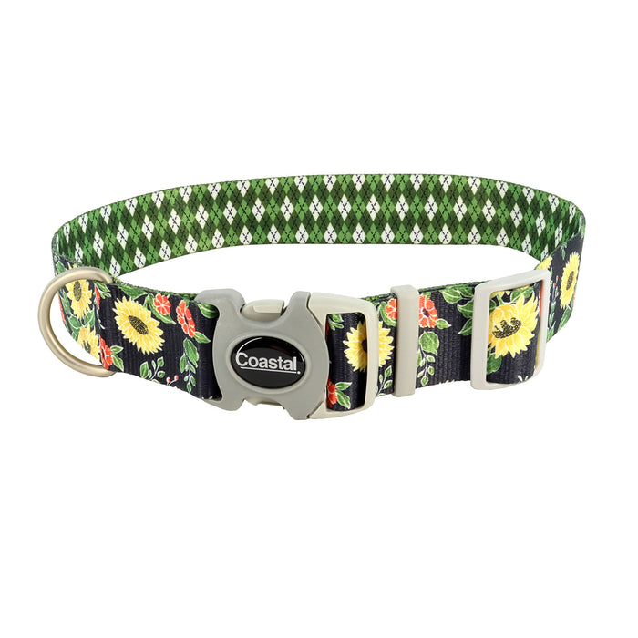 Sublime Adjustable Dog Collar - Sunflower with Green Argyle Medium - 1" x 12"-18" 