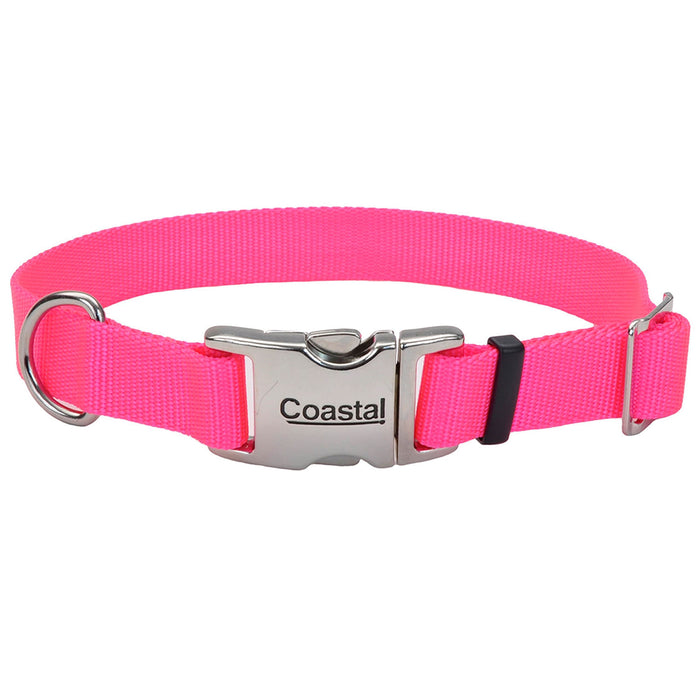 Coastal Adjustable Dog Collar with Metal Buckle - Neon Pink Large - 1" x 18"-26" 