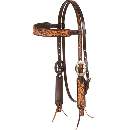 Cashel Two - Toned Floral Tooled Leather Browband Ear Headstall - QL1N4 - Chestnut / Chocolate - 1
