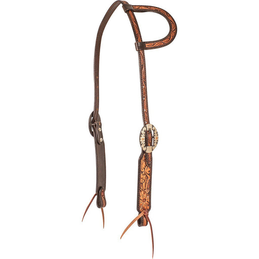 Cashel Two - Toned Floral Tooled Leather Slip Ear Headstall - QL1N3 - Brown - 1