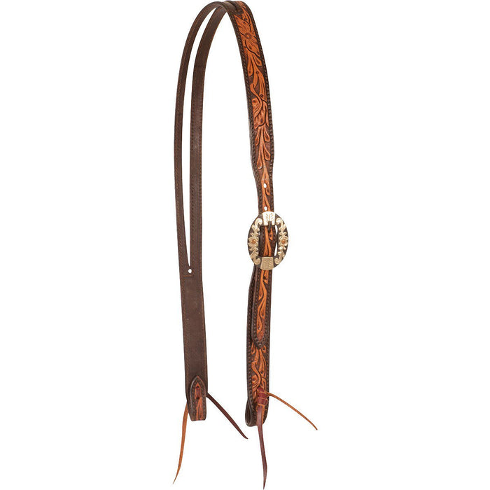 Cashel Two - Toned Floral Tooled Leather Split Ear Headstall - QL1N2 - Brown - 1