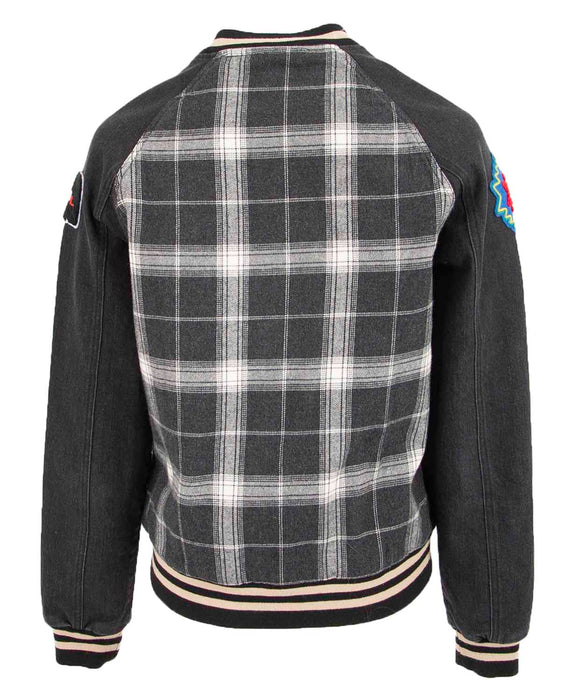 STS Ladies Black Plaid Varsity Jacket w/Patches - Small  