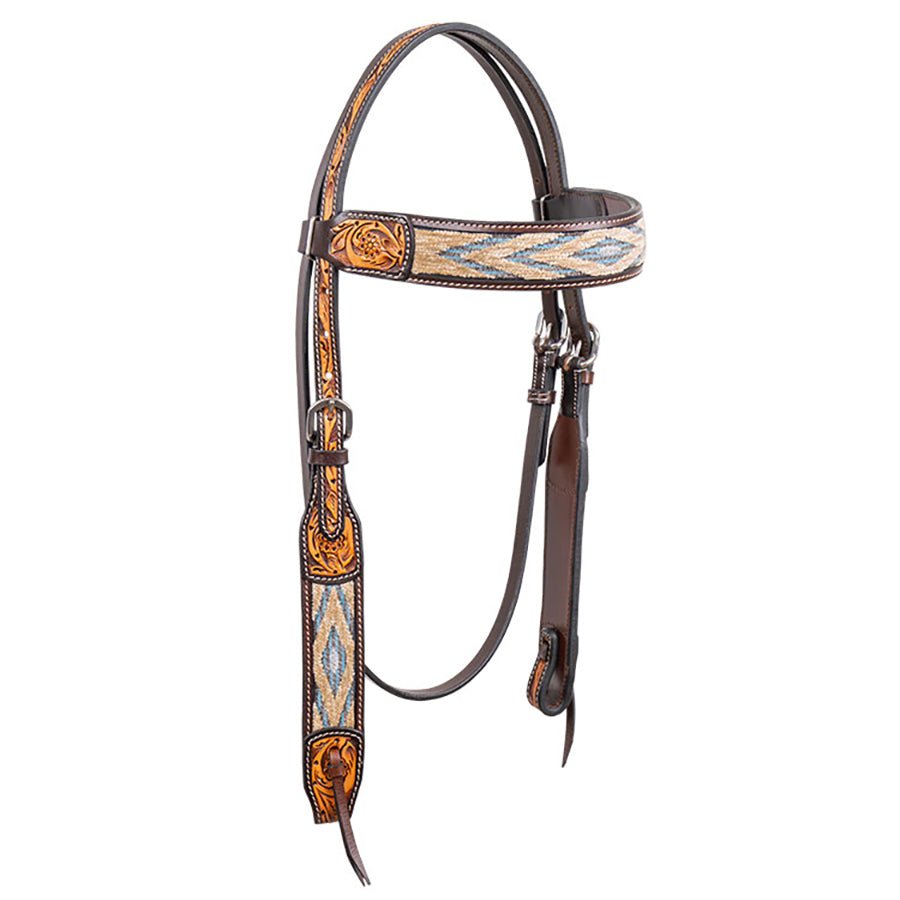 Cody Pro Blue & Beige Inlay Browband Horse Headstall w/ Floral