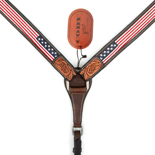 Cody Pro Stars & Stripes Breast Collar with Floral Tooling - BUFW7 - Brown - Horse - 2