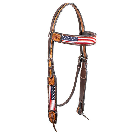 Cody Pro Stars & Stripes Browband Headstall with Floral Tooling - BUFW6 - Brown - Horse - 1