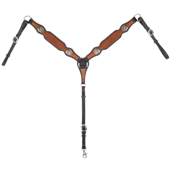 Cody Pro Turquoise Concho Breast Collar with Basketweave Tooling - BUFW3 - Brown - Horse - 1